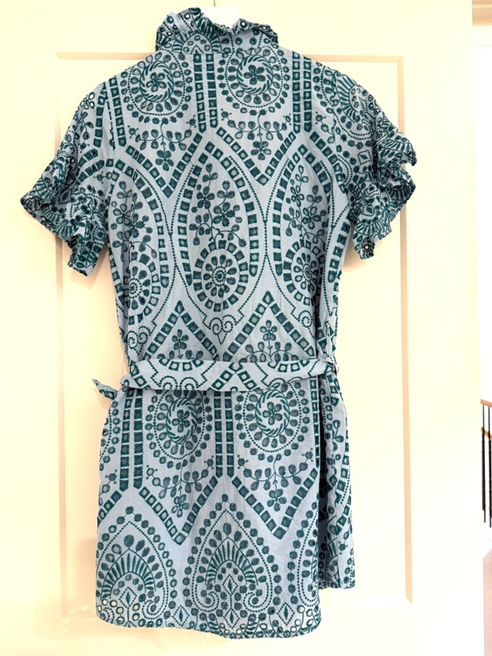 Teal Eyelet Ruffle Mini Dress with Self-Tie Waist - Picture 2 of 6